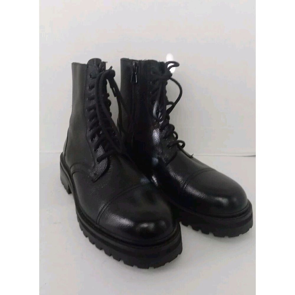 Leather‎ Ankle Boots Lace Up Combat Moto Biker Black